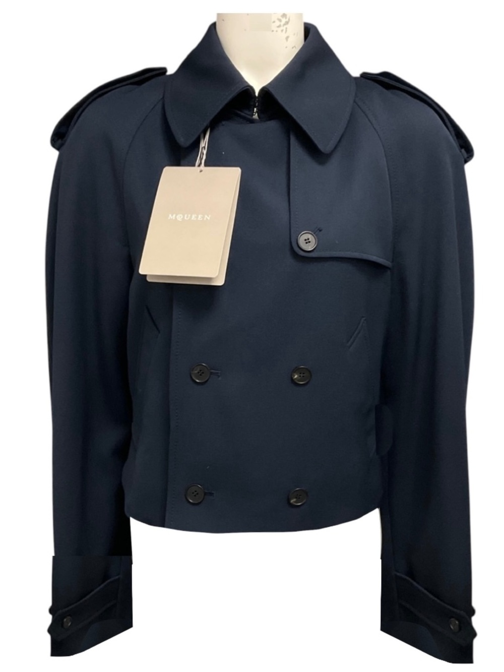 McQueen Navy Blue Double Breasted Cropped Trench Jacket